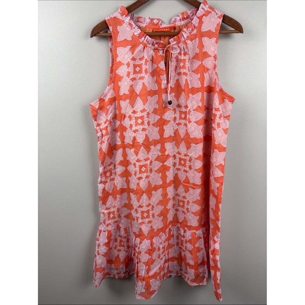 Oliphant Coral and White Printed Midi Dress sleeveless Large ruffled lined